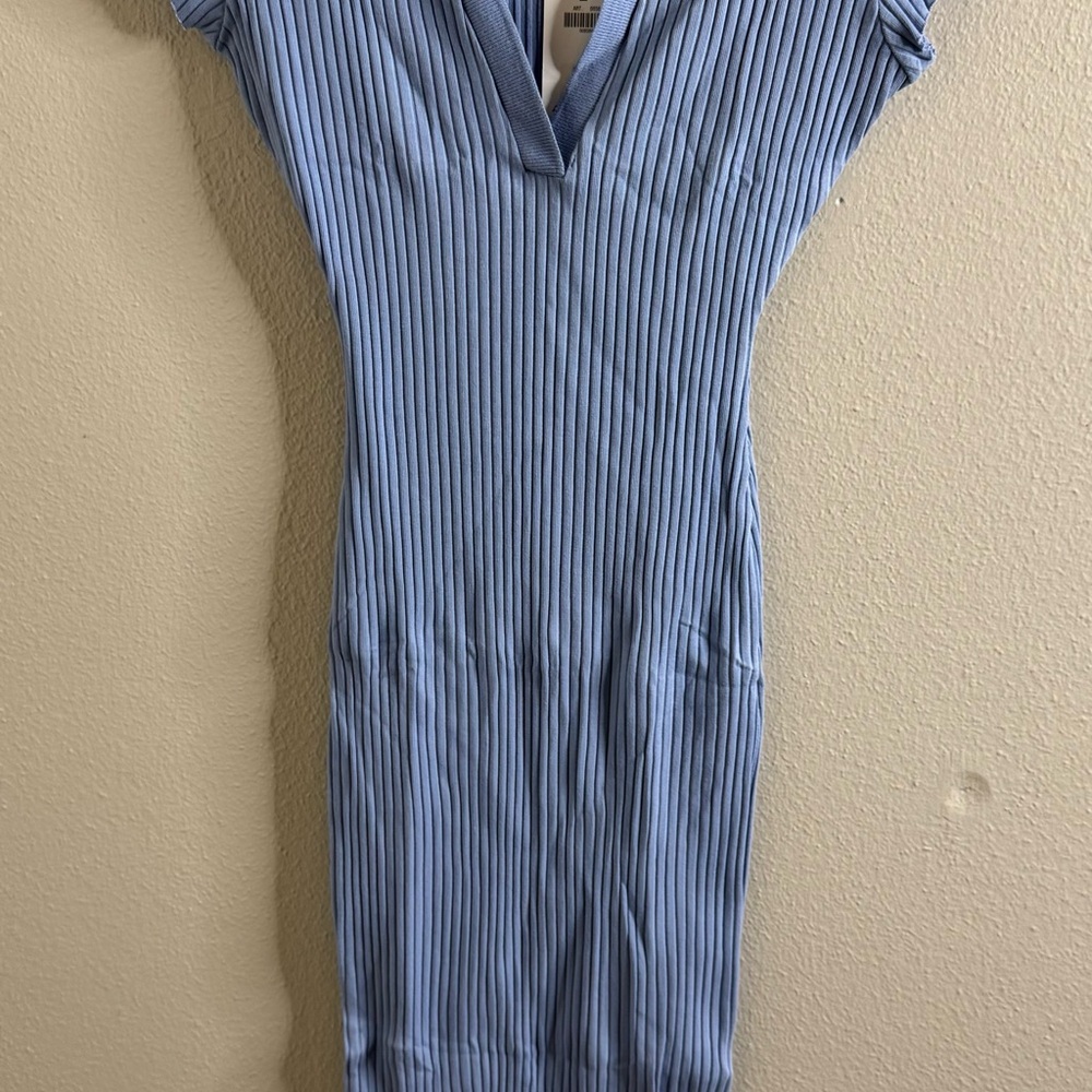 Zara Ribbed V-Neck Midi Dress in Light Blue